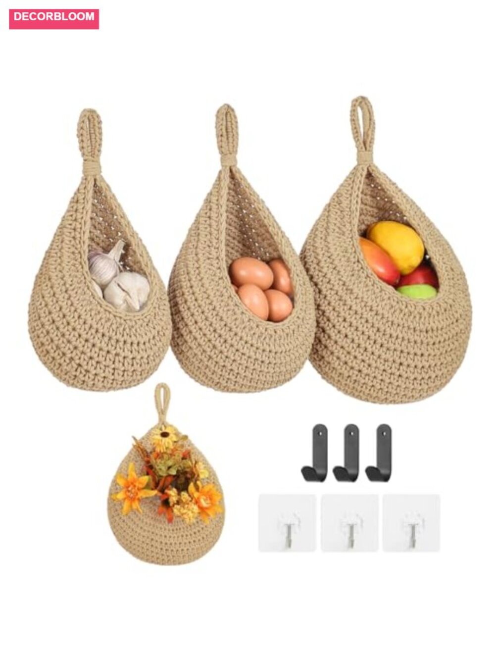 Boho Cotton Rope Hanging Fruit Baskets 3-Pack with Hooks Kitchen Storage